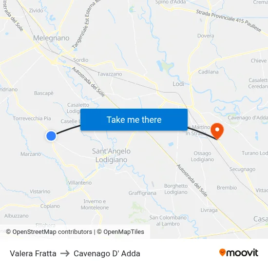 Valera Fratta to Cavenago D' Adda map