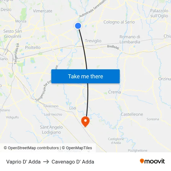 Vaprio D' Adda to Cavenago D' Adda map