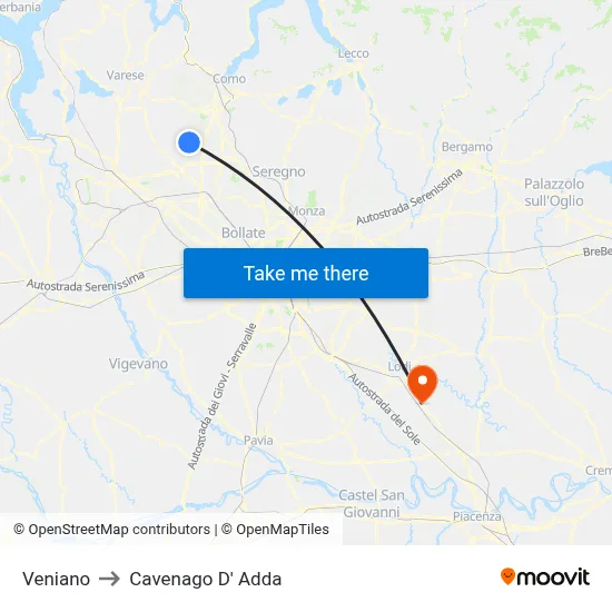 Veniano to Cavenago D' Adda map
