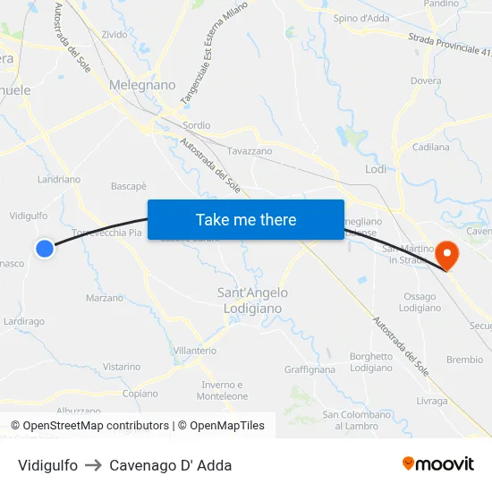 Vidigulfo to Cavenago D' Adda map