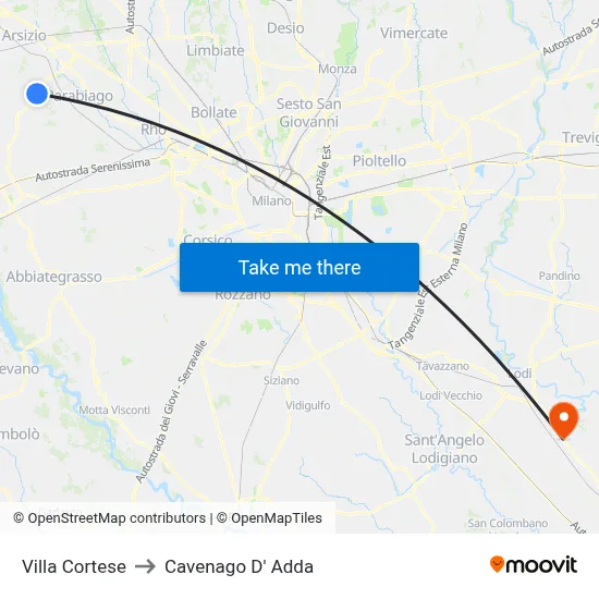 Villa Cortese to Cavenago D' Adda map