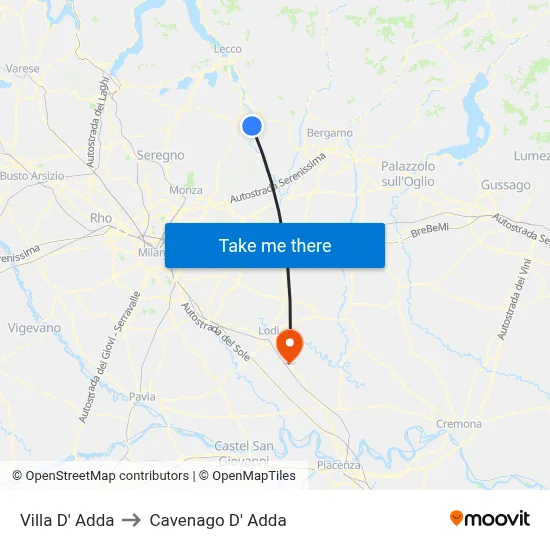 Villa D' Adda to Cavenago D' Adda map