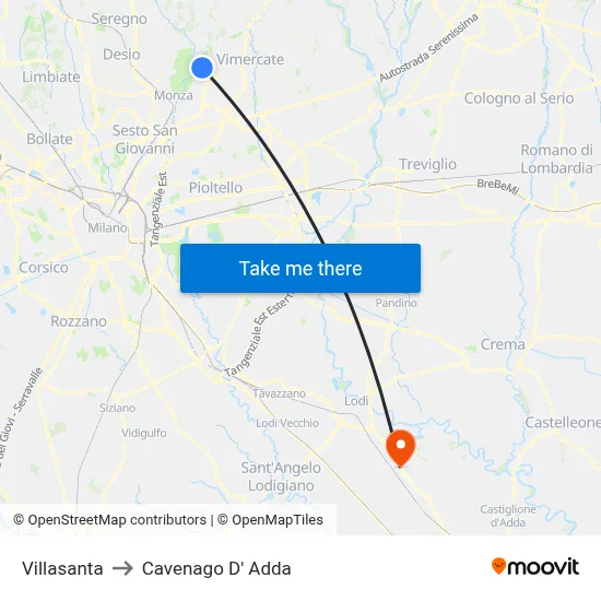 Villasanta to Cavenago D' Adda map