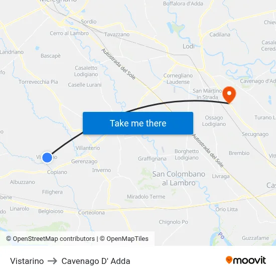 Vistarino to Cavenago D' Adda map