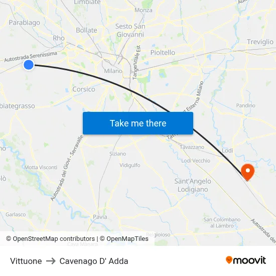 Vittuone to Cavenago D' Adda map