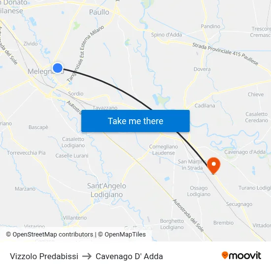 Vizzolo Predabissi to Cavenago D' Adda map