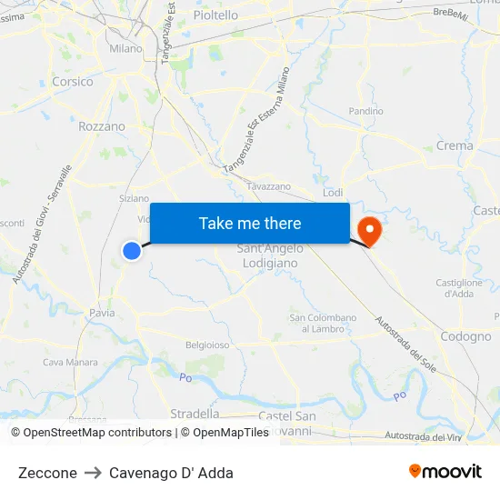 Zeccone to Cavenago D' Adda map