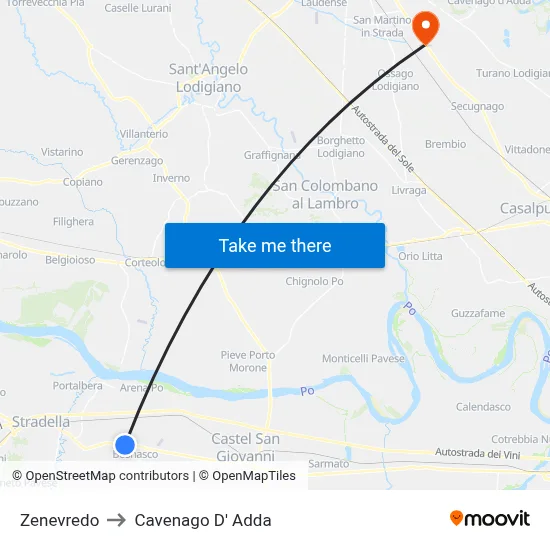 Zenevredo to Cavenago D' Adda map
