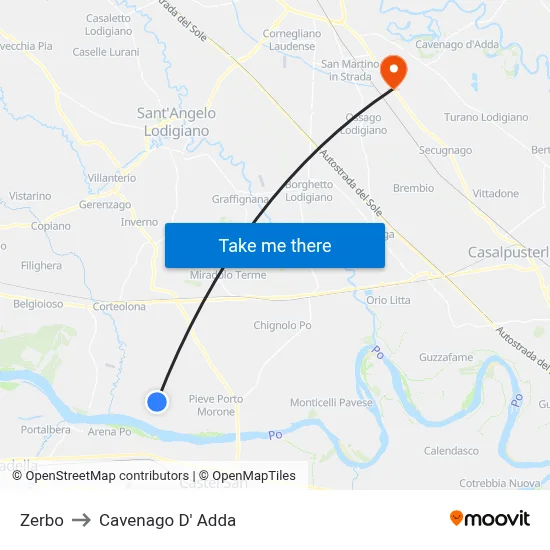 Zerbo to Cavenago D' Adda map