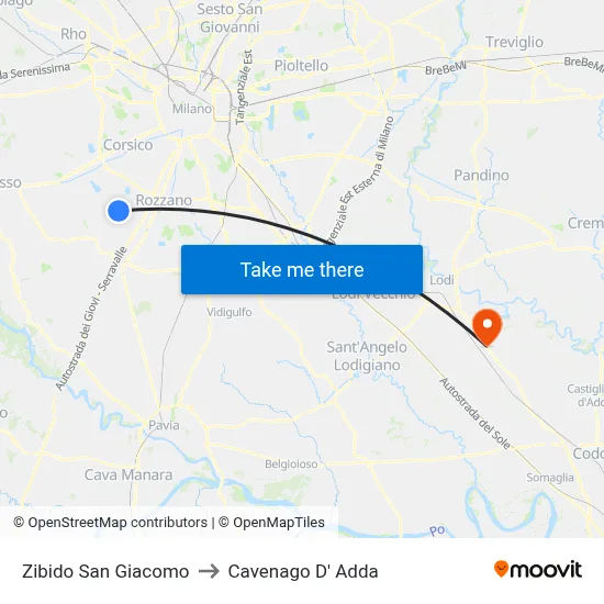 Zibido San Giacomo to Cavenago D' Adda map