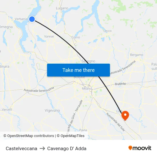 Castelveccana to Cavenago D' Adda map