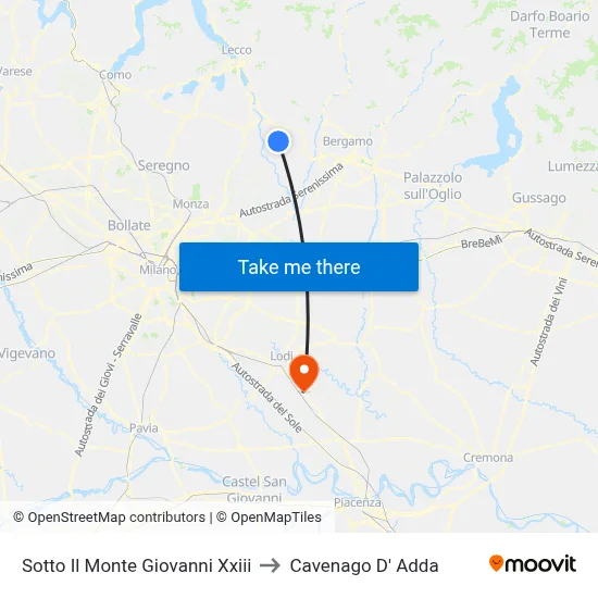 Sotto Il Monte Giovanni Xxiii to Cavenago D' Adda map