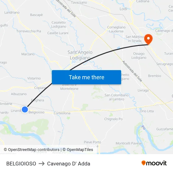 BELGIOIOSO to Cavenago D' Adda map