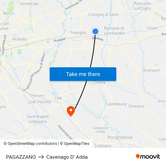 Pagazzano to Cavenago D' Adda map