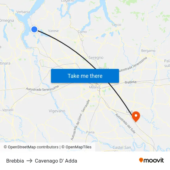 Brebbia to Cavenago D' Adda map