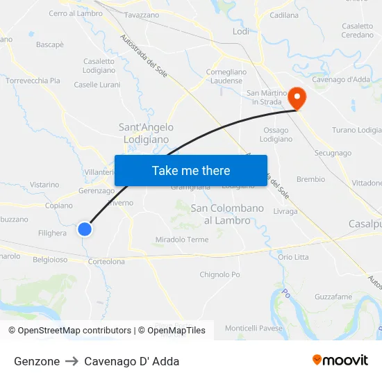 Genzone to Cavenago D' Adda map