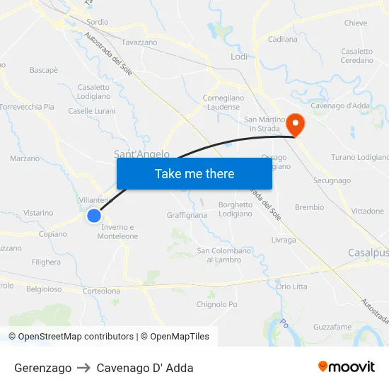 Gerenzago to Cavenago D' Adda map