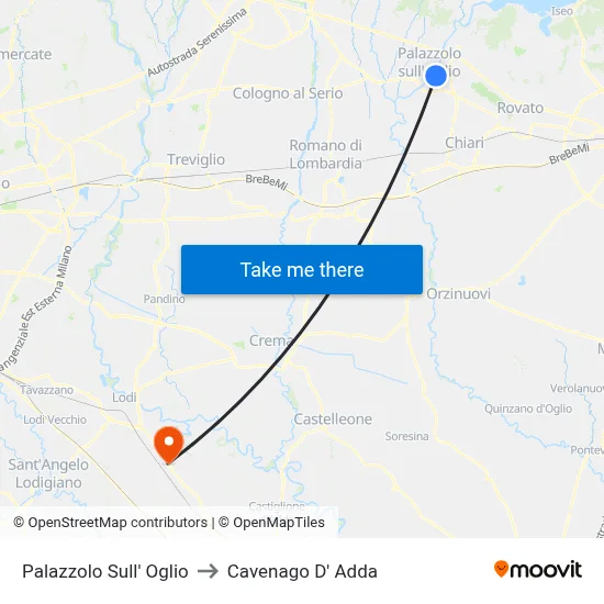 Palazzolo Sull' Oglio to Cavenago D' Adda map