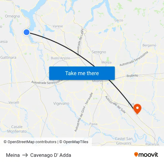 Meina to Cavenago D' Adda map
