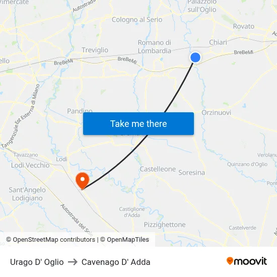 Urago D' Oglio to Cavenago D' Adda map