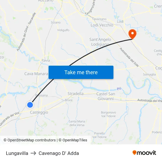Lungavilla to Cavenago D' Adda map