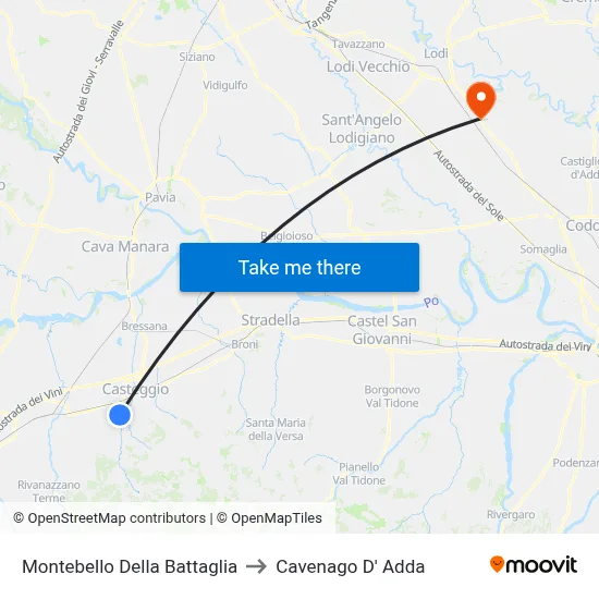 Montebello Della Battaglia to Cavenago D' Adda map