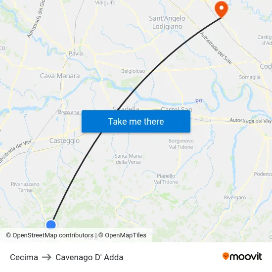 Cecima to Cavenago D' Adda map