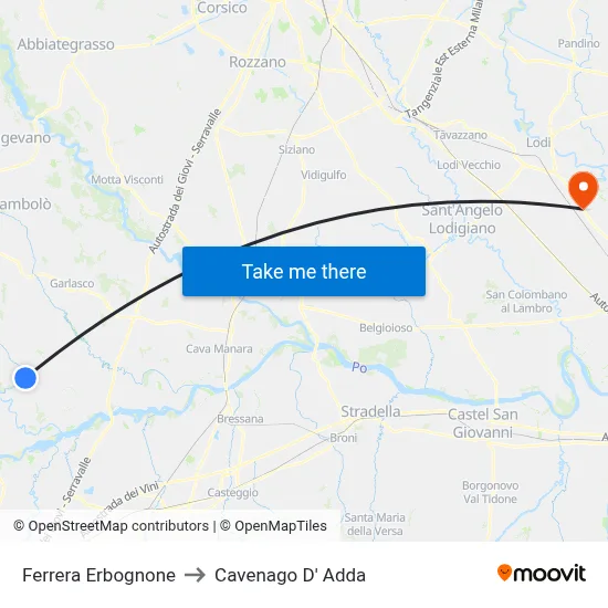 Ferrera Erbognone to Cavenago D' Adda map