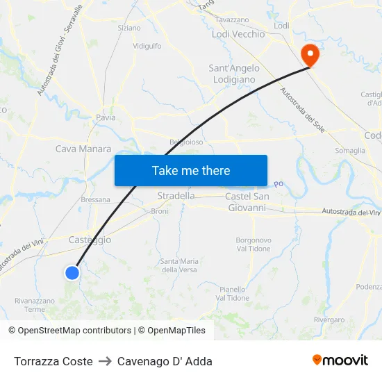 Torrazza Coste to Cavenago D' Adda map
