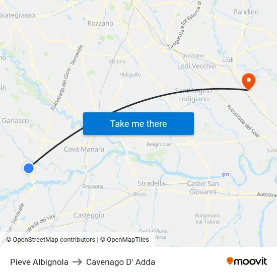 Pieve Albignola to Cavenago D' Adda map