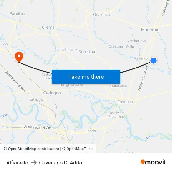 Alfianello to Cavenago D' Adda map