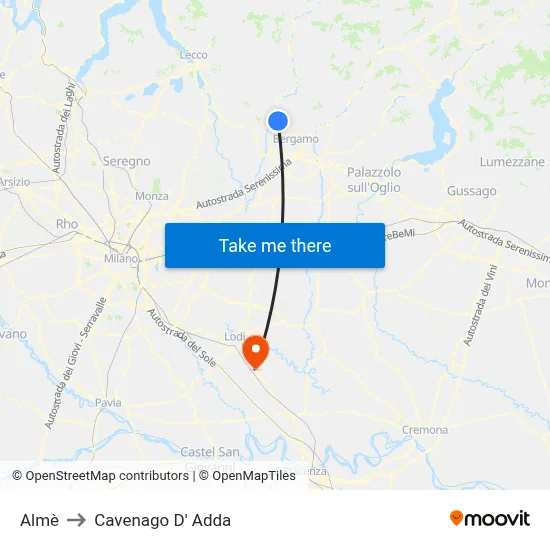 Almè to Cavenago D' Adda map