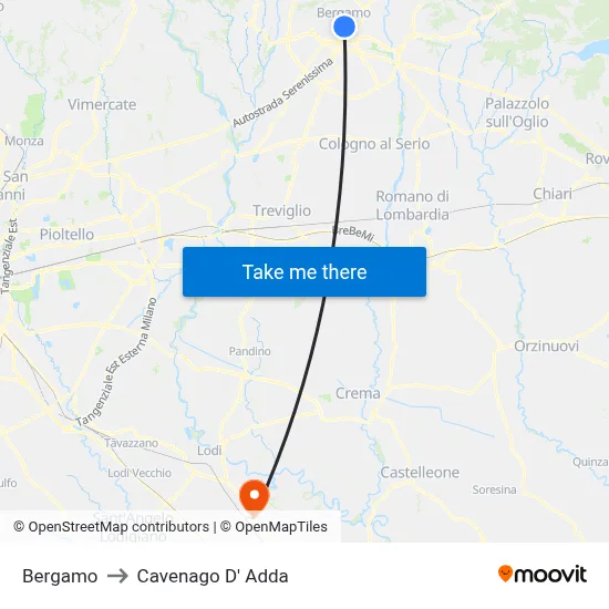 Bergamo to Cavenago D' Adda map