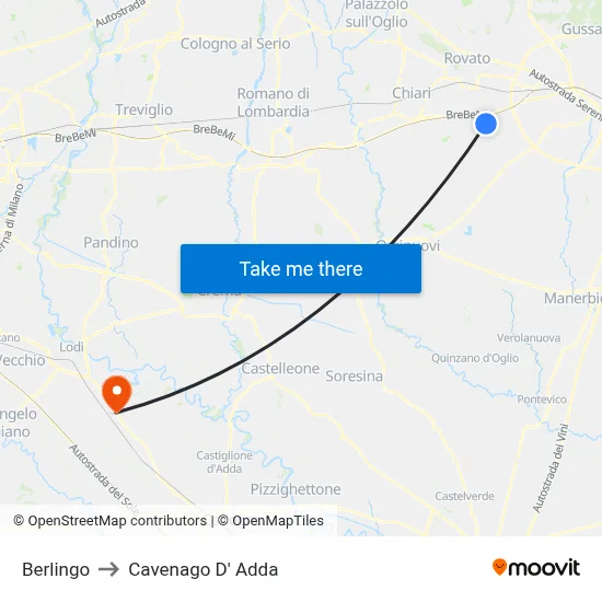 Berlingo to Cavenago D' Adda map