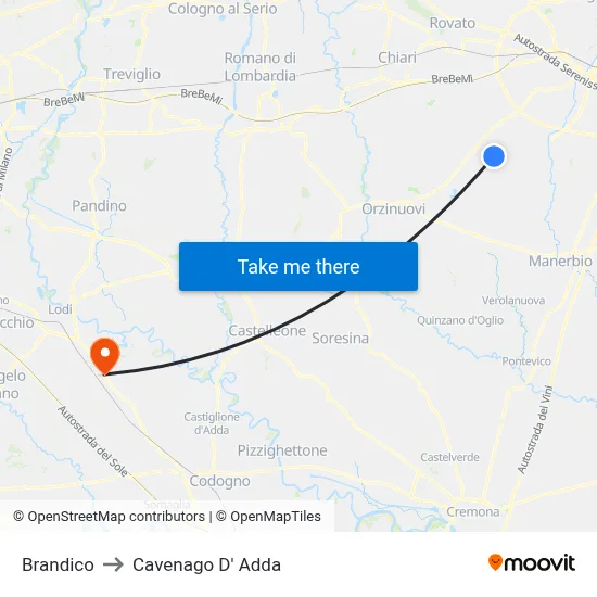 Brandico to Cavenago D' Adda map