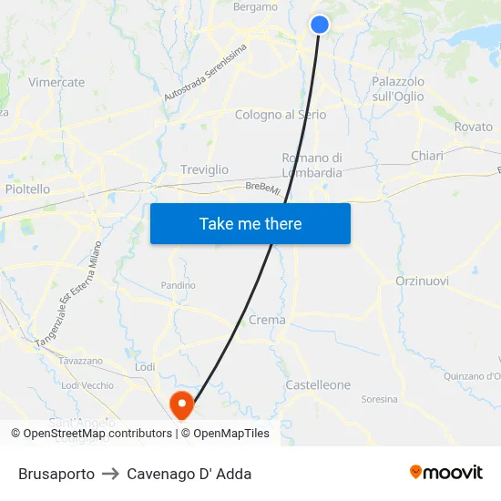 Brusaporto to Cavenago D' Adda map