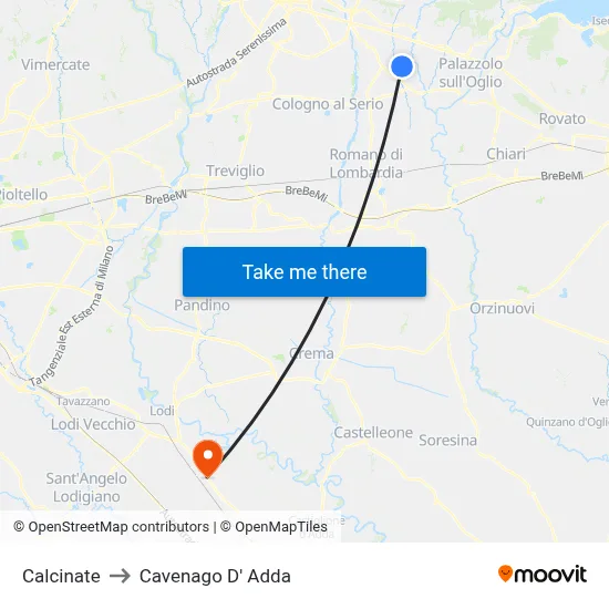 Calcinate to Cavenago D' Adda map