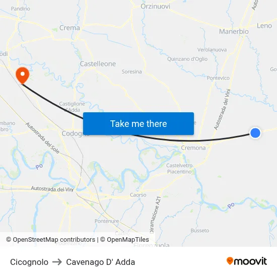 Cicognolo to Cavenago D' Adda map