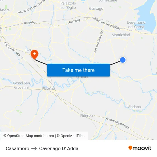 Casalmoro to Cavenago D' Adda map