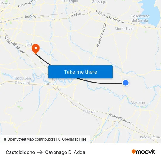 Casteldidone to Cavenago D' Adda map