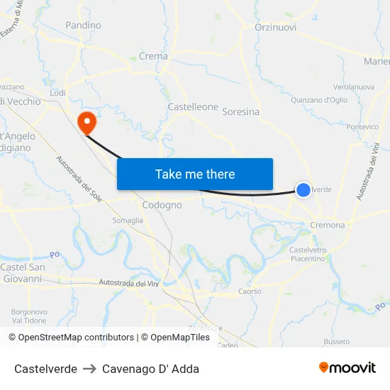 Castelverde to Cavenago D' Adda map