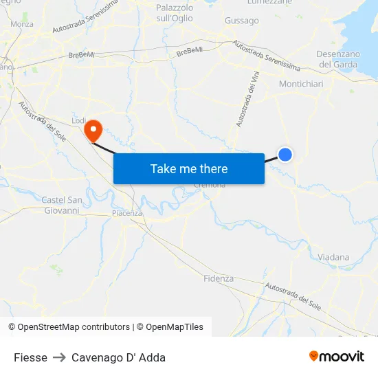 Fiesse to Cavenago D' Adda map