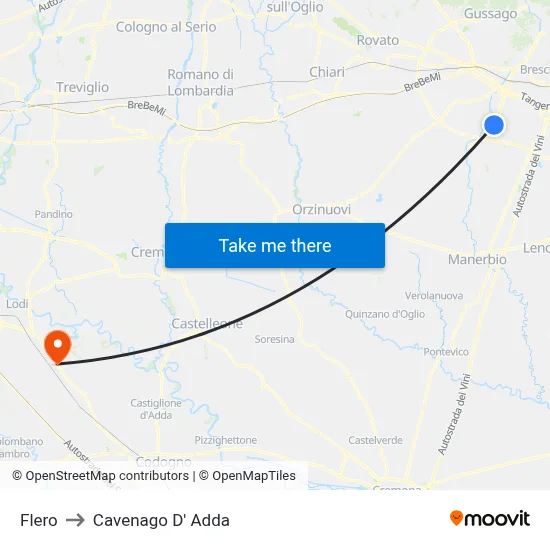 Flero to Cavenago D' Adda map