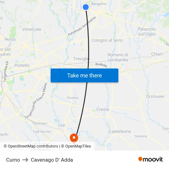 Curno to Cavenago D' Adda map