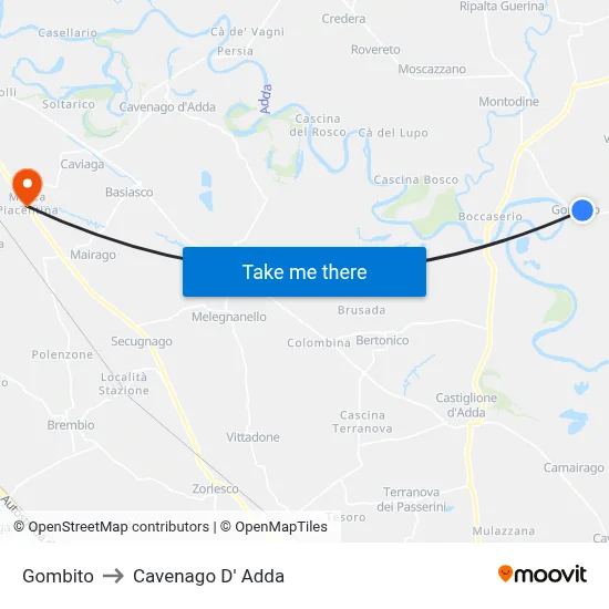 Gombito to Cavenago D' Adda map