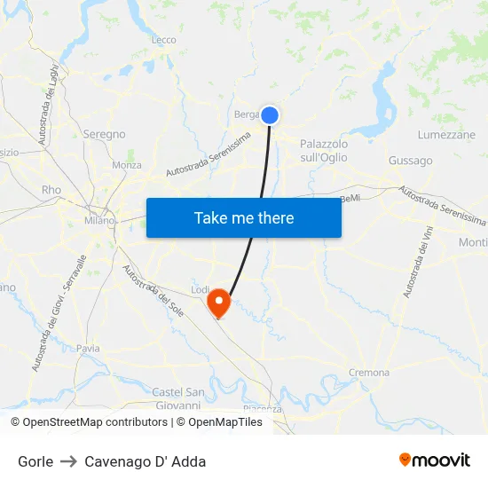 Gorle to Cavenago D' Adda map