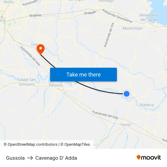 Gussola to Cavenago D' Adda map