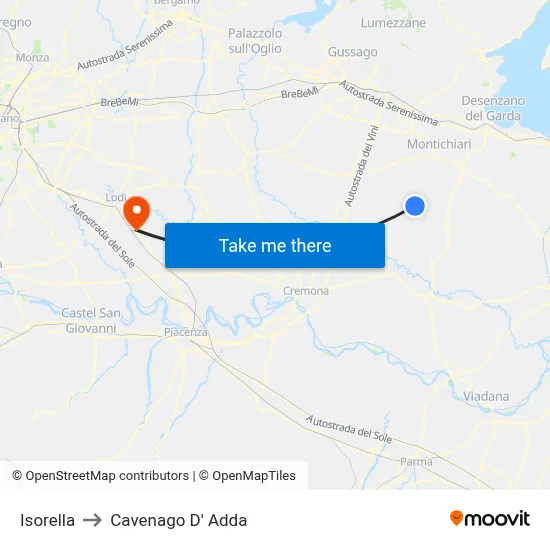 Isorella to Cavenago D' Adda map