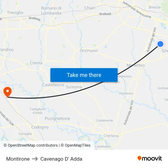 Montirone to Cavenago D' Adda map