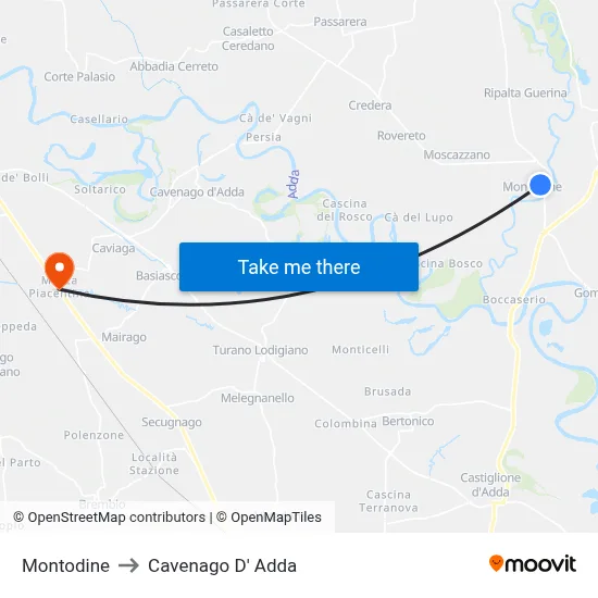 Montodine to Cavenago D' Adda map